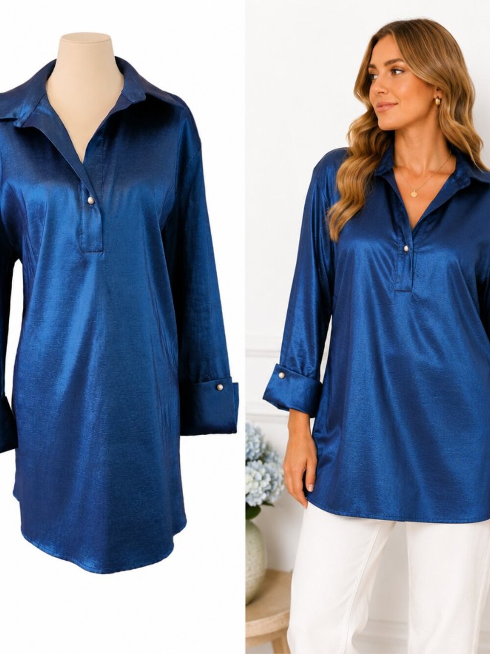 Preston & York XL Deep Navy Cerulean Satin Look Long-Sleeve Tunic Top Shirt